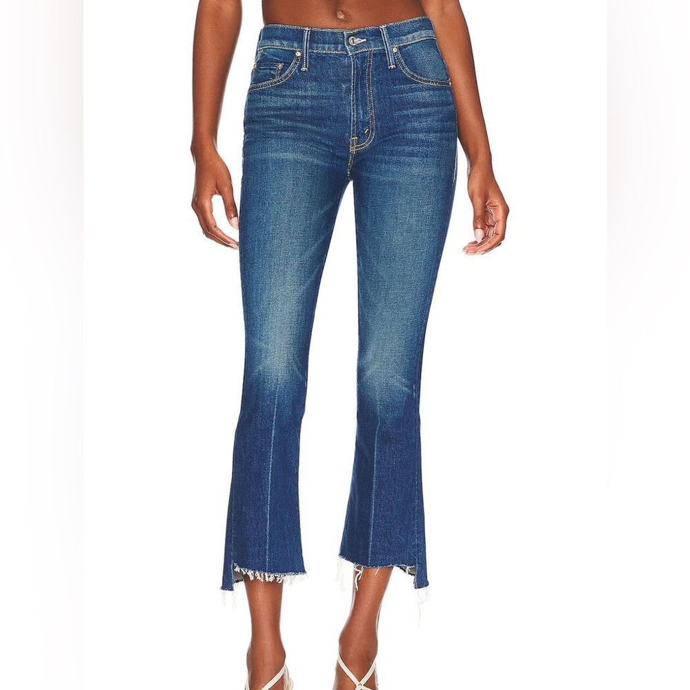 MOTHER Mid Blue Cropped Flare Jeans with Frayed Hem